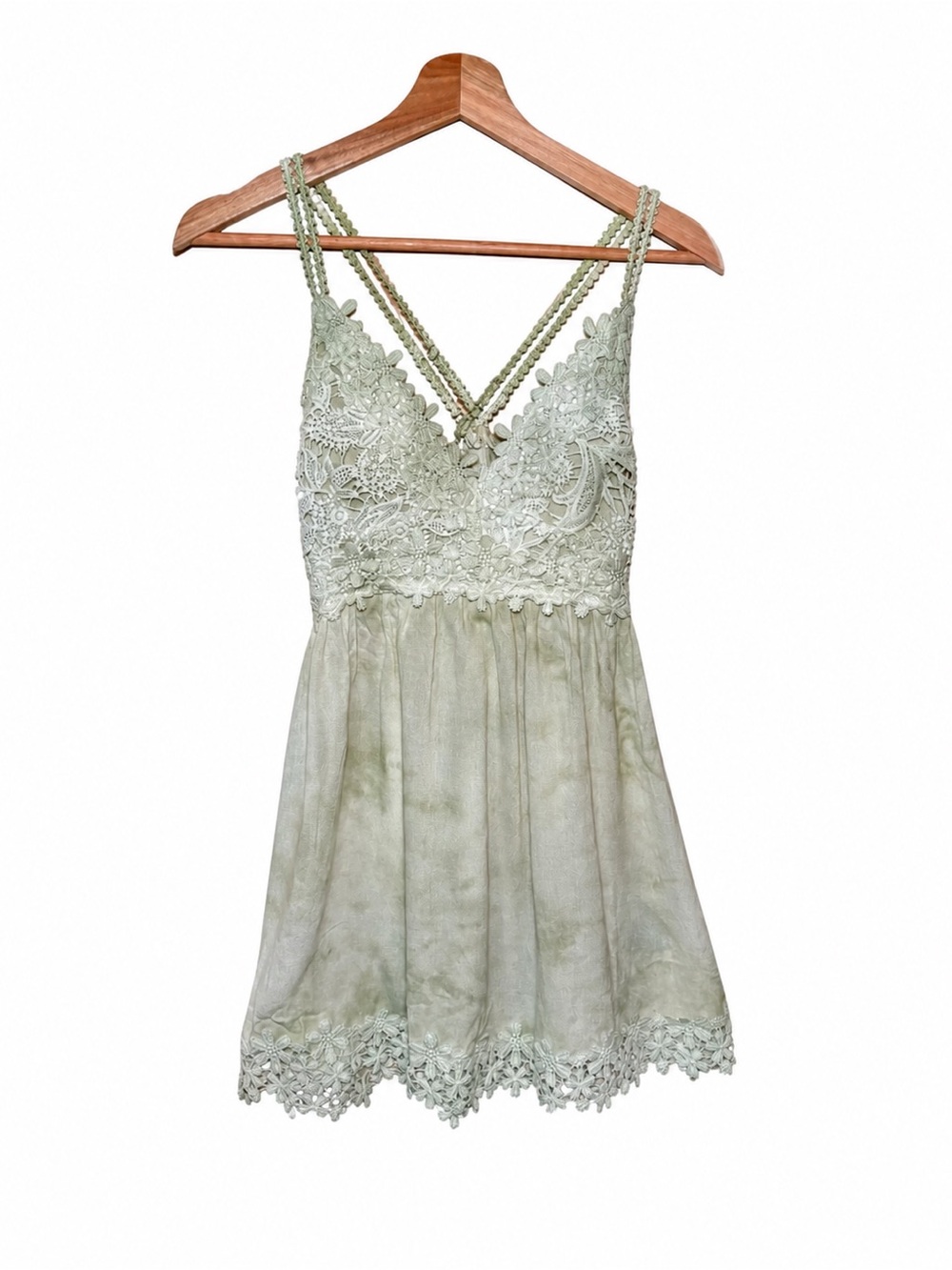 POL Anthropologie Style Lace Mini Dress Sage Green Crochet Boho Festival Strappy - Picture 2 of 9